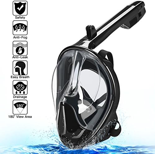 FOLKSMATE 180° Full Face Snorkel Mask with Panoramic View Anti-Fog, Anti-Leak Snorkeling Design for Adults &amp; Teenagers, Black, S/M