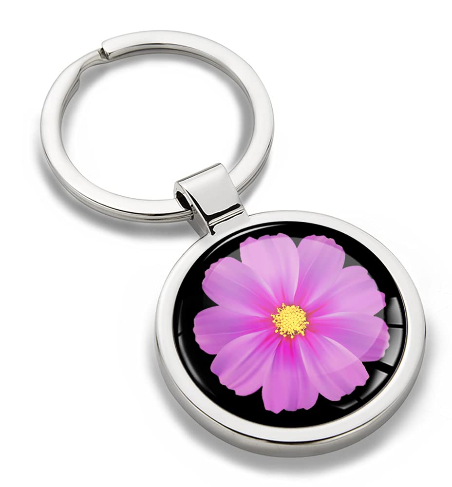 Biomar Labs Stainless Steel Metal Keychains With Multiple Unique Designs Durable Premium Accessory Car House Keys Backpack Gift Travel Souvenir Elegant (Cosmos Flower Bipinnatus Pink KK 205)