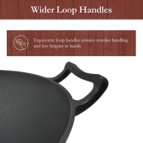 Pre-Seasoned Cast Iron Nonstick Hot Wok Burner Pan with Large Loop Handles - 13" Diameter, 5.5" Wider Flat Base - Includes FREE silicone hot pan handle holders, Great for induction, gas,electric tops