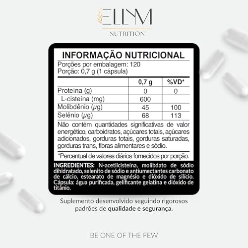 NAC N-Acetil L-Cisteína 600mg + Selênio + Molibdênio 360 Cápsulas Ellym Nutrition Alta Concentração