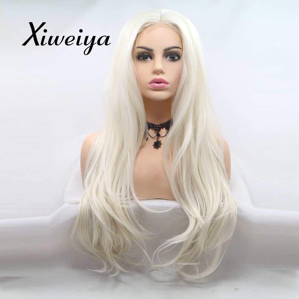 Xiweiya Long White Blonde Synthetic Blonde Lace Front Wigs Long Body Wave Hair White Queen Heat Resistant Fiber Wig High Density Hair-reparement Wig for women