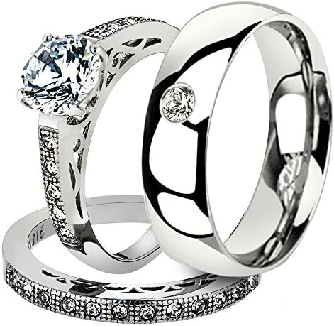 His & Her 3 Pc Stainless Steel 1.39 Ct Cz Bridal Set & Men Zirconia Wedding Band Women's Women's Size 10 Men's Size 12