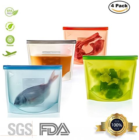 Reusable Silicone Food Storage Bag - Airtight Seal, Leak-Proof, Microwave, Freezer, Cooking, Kitchen Container Preservation Bags For Sandwich, Lunch, Fruits, Vegetables, Snacks, Soup-Versatile 4 packs