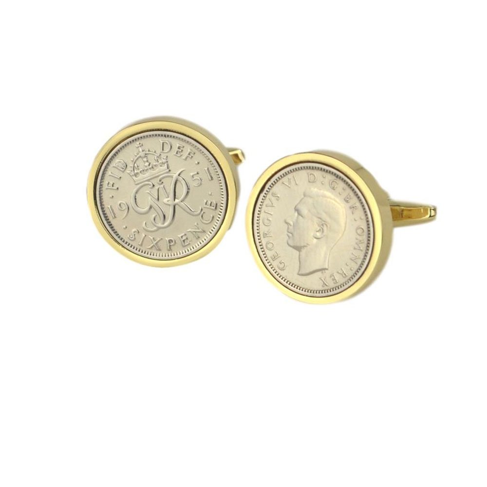 Polished Sixpence Gold Mount Cufflinks | 1951 Anniversary Coins 75th Birthday