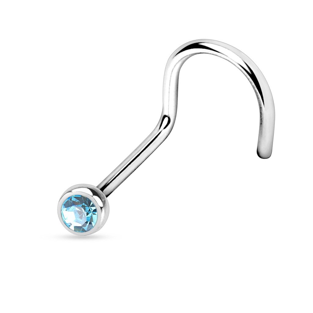 PiercedOff 316L Surgical Steel Nose Screw with Aqua CZ Gem - Thickness 18GA (1mm) / Length 6mm / Gem Size 2.5mm