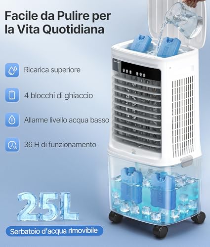 EXNOS Raffreddatore ad aria portatile con raffreddamento ad acqua – Ventilatore di utilizzo con serbatoio dell'acqua da 25 l, climatizzatore senza tubo di scarico, telecomando, timer 12H, Bianco