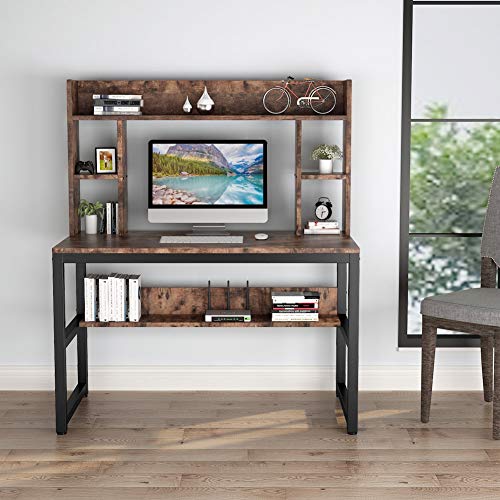 Tribesigns Computer Desk with Hutch, Modern Writing Desk with Storage Shelves, Office Desk Study Table Gaming Desk Workstation for Home Office, Light Brown + Black Legs