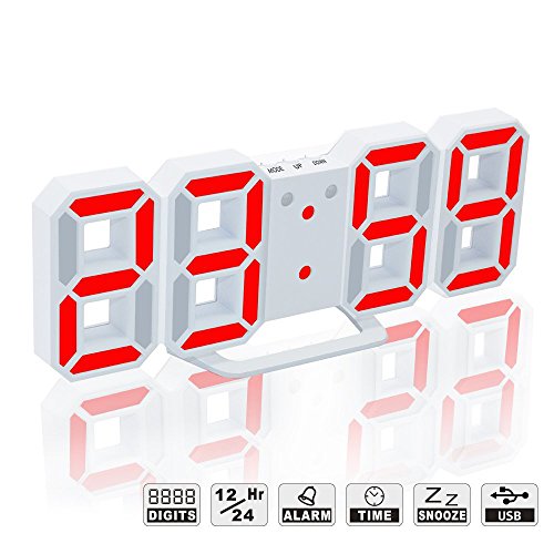 LED Digital Alarm Clock For Desk / Shelf / Tabletop, Modern Home Decoration 3D Wall Clock, Easy To Read at Night, Loud Alarm and Snooze, Big Digit Display (White Frame, Red Light) - Thumbnail 7