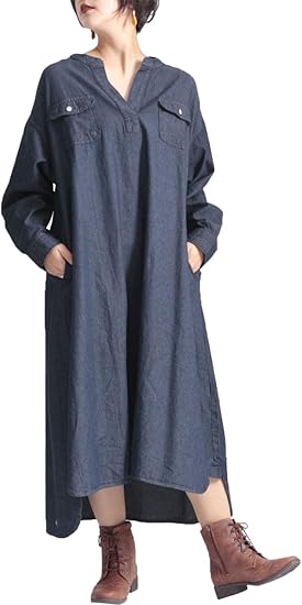 Amazon ゴールドジャパン 大きいサイズ レディース ワンピース シャツ デニム コットン ロング マキシ ポケット ギャザー ワンピース チュニック 通販