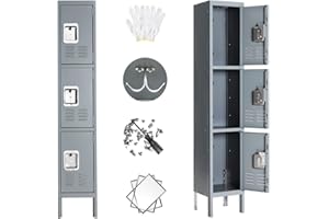 Bonusall Metal Locker for Employees, Office Storage Lockers 3-Tier Steel Lockers for School Gym Locker Compartment Home Office 3 Doors Grey