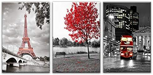 Fenfei Prints Paintings Wall Art 3 Pieces Paris Eiffel Tower Pictures Canvas Home Decor Red Car Bus Red Maple Tree Poster 50cm x70cm x3p No Frame