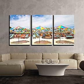 3 Piece Canvas Wall Art - Beach and Umbrella Chair on Beach - Modern Home Art Stretched and Framed Ready to Hang - 16"x24"x3 Panels