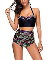 HiMiss Women Vintage Floral Print Two Piece Swimsuit High Waisted Bathing Suits Bikini Black M