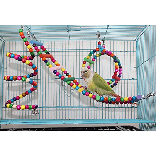 QBLEEV Bird Toys Cage Playset, Hanging Climbing Chewing Wooden Parrots Toys, Colorful Ladder Swing Perch Stand, Bungee Beads Toys for Cockatiel Conures Parakeet Small Macaw African Grey
