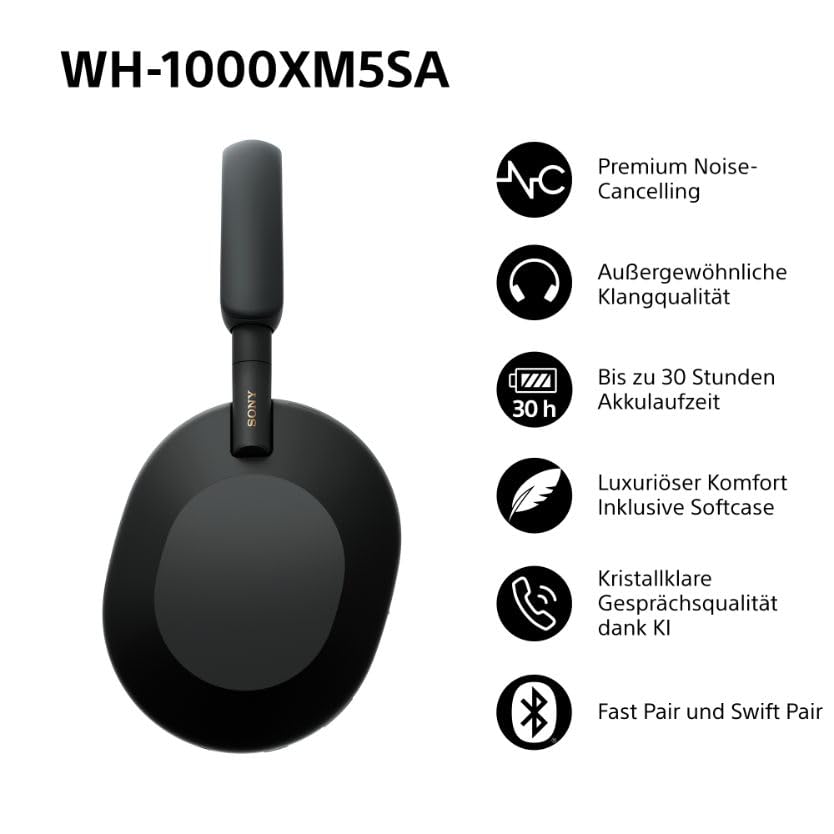 WH-1000XM5 SA inkl. Leichter Schutzhülle, Kabelloser Premium-Kopfhörer mit Noise Cancelling, Bluetooth, kristallklare Anrufqualität, Hi-Res-Audio, bis zu 30 Std Akkulaufzeit, iOS & Android - Schwarz 3