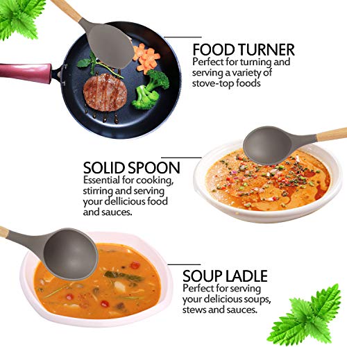 K Kwokker 9 Pieces Silicone Kitchen Cooking Utensils Set,Wooden Handle Cooking Kitchen Accessories Tool Set,Heat-resistant Soup Ladle Spoon Slotted Shovel Turner Spatula Egg Whisk Kitchen Tool