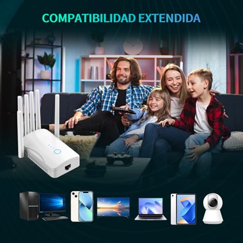 Repetidor WiFi Potente con 6 Antenas, Amplificador Señal WiFi Largo Alcance, Extensor WiFi Soporta 64 Dispositivos, Modos (Repetidor, Ap), Cobertura hasta 300 m², para Casa y Oficina