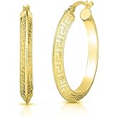 Savlano 925 Sterling Silver Greek Key Pattern Hoop Earrings-18K Gold Plated 30MM Round Hoop Earrings for Women Comes with Gift Box-Made in Italy