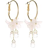 Vintage Flower Fringe Earrings Bohemian Crystal Flower Drop Dangle Drop Earrings Elegant Romantic Shell Pearl Studs Ocean Theme Sweet Double Acrylic Dangle Earrings Jewelry for Women