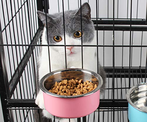 RUBYHOME Dog Bowl Feeder Pet Puppy Food Water Bowl, 2-in-1 Plastic Bowl & Stainless Steel Bowl, Removable Hanging Cat Rabbit Bird Food Basin Dish Perfect for Crates & Cages, Pink