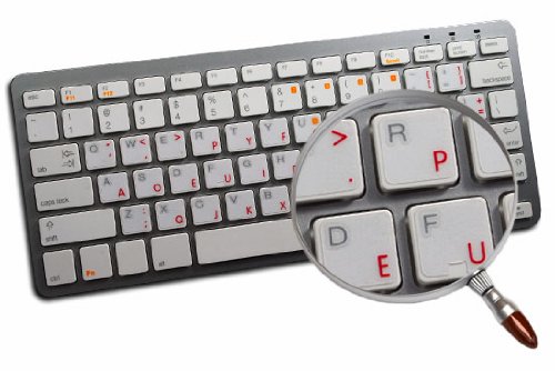 APPLE DVORAK STICKERS FOR KEYBOARD WITH RED LETTERING TRANSPARENT BACKGROUND FOR DESKTOP, LAPTOP AND NOTEBOOK