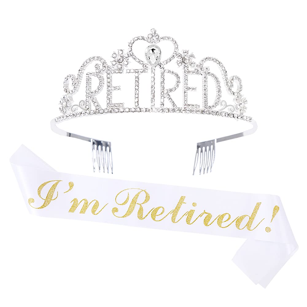 GotGala Retirement Tiara and Sash Set - I'm Retired White & Gold Glittery Stain Sash Silver Crystal Crown Retirement Gift for Women Retirement Party Decorations
