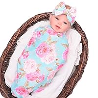 LINFON Newborn Baby Sleep Print Swaddle Blanket Large and Bow Headband Value Set Receiving Blankets(Flower)