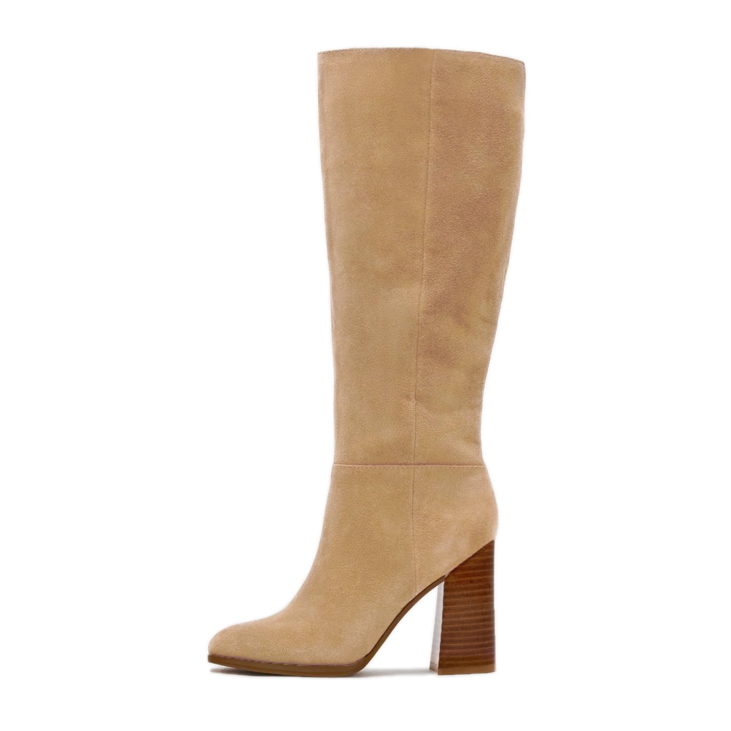 Photo 1 of Erocalli Fall Boots for Women 2025 Tall Knee High Faux Suede Boot Comfort Long Chunky Heel Apricot Side Zipper
