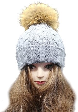 Cuca Dunna Winter Snow Ski Caps Wool Knitted Hat With Large Raccoon Fur Pom Poms for Women Toddler Girl Parent Child Hip Hop Skullies &amp; Beanies caps
