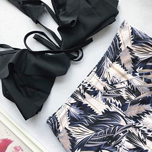iYBUIA Women's Irregular Ruffle Bikini Set Solid Swimsuit Two Piece Filled Bra Print Underwear Beachwear Black