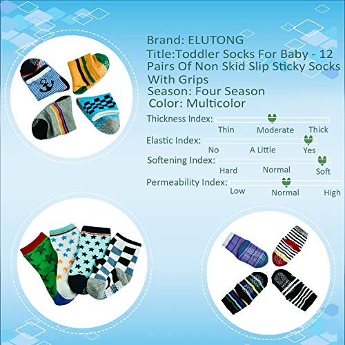 12-36 MonthsToddler Socks Boy Girl Slippery 12 Pairs Cute Assorted Crew Kids Socks Non Skid Slipper Socks Grips 1T-3T Baby - Thumbnail 3