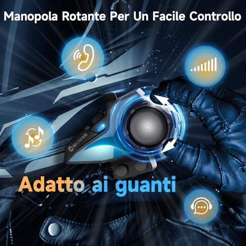 Moman Motorcycle Intercom, H2E Eagle Pair Helmet Headset with Double Chip for Multitasking Audio Headphones for Helmets Distance 1 Km Communication System HiFi/Music Sharing/FM/Voice AI Interphone