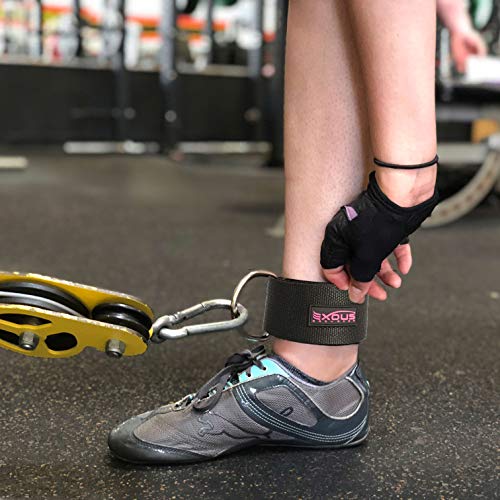 EXOUS Bodygear Ankle Straps Cable Attachments - Padded Ankle Cuffs - Thick 10mm Padded D-Ring - for Glute - Leg & Gym Machine Workouts (Pink Logo Single)