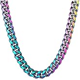 OWNCOOL Stainless Steel Rainbow Colorful Cuban Link Chain Chunky Heavy Curb Necklace for Men Women