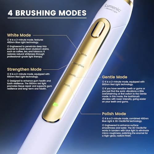 DermRays Lumenic Toothbrush, The Dual-Light & 3D-Oscillo System Electric Toothbrush, USB Rechargeable Sonic Toothbrush (Gold)