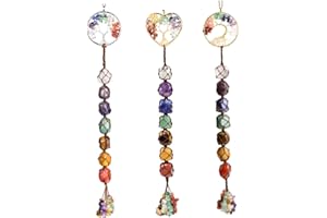 LERSUSI Tree of Life Chakra Stones Hanging Ornaments Car Rear View Mirrors Decor Healing Crystal Accessories for Home Decor Geomantic Omen 7 Chakra Meditation (3 Pcs Tree of Life)