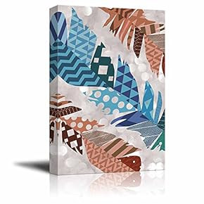 Vertical Diagonal Cool Toned Zentangle Feather with Warm Toned Zentangle Feathers on a Silver Colored Bokeh Background - Canvas Art Home Art - 12x18 inches