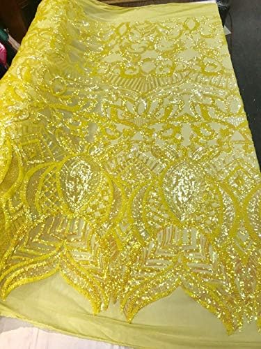 YELLOW IRIDESCENT ROYALTY DESIGN EMBROIDERY WITH SEQUINS ON A 4 WAY STRETCH MESH