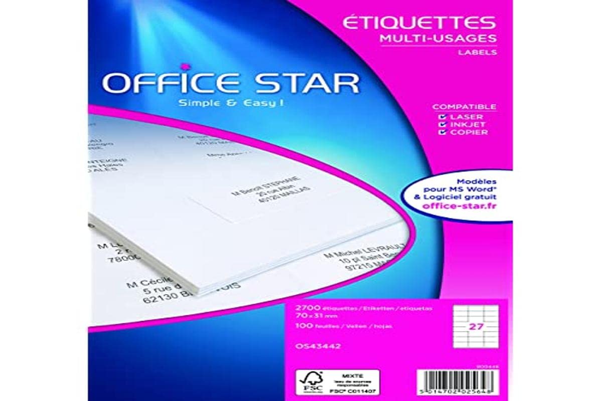 OFFICE STAR - Box of 2700 White Multi-use self-Adhesive Labels, Format 70 x 31 mm, Customizable and Printable for All Types of Laser Printers, Inkjet Printers, copiers