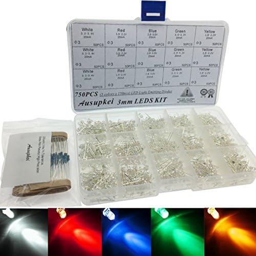Ausupkei 750PCS 3mm LED Emitting Diodes Light with White, Red, Blue, Green, Yellow, 200ohm Resistor