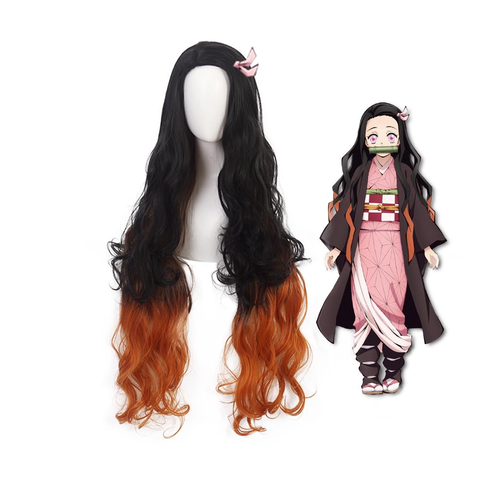Anime Cosplay Wig Long Black Orange Synthetic Hair for Halloween Costume Party with Free Wig Cap