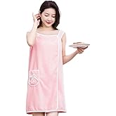 Wrap Robe with Straps, Thin Women Female Dorm Soft Bath Wrap Towels Cute Short Bathrobe Dress with Pockets After Shower (Pink)