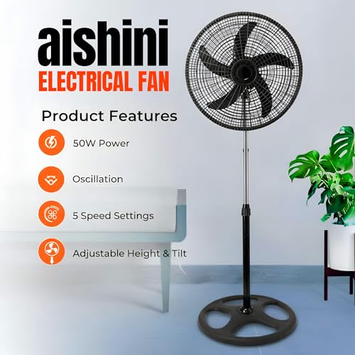 Aishini [ Pack of 2 ] Oscillating [ 5 Blades ] 18"Pedestal Fan, 3 Speeds Stand Fan | Adjustable Tilt and Height Adjustable upto 1.3m | Electrical Fan for Bedroom, Living Room, Office | Floor Fan