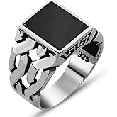 KsrModa Sterling Silver Rings for Men with Black Onyx Stone, Handmade Mens Jewelry Ring, Cuban link Chain Motif Mens Ring
