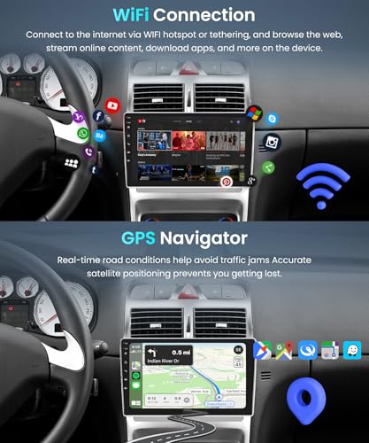 4G+64G Car Radio for Peugeot 307/307CC/307SW 2002-2013 9 Inch Android Radio with Carplay Wireless Android Auto Mirror Link GPS Navi Bluetooth WiFi/FM/RDS/EQ/SWC/USB Steering Wheel Controls Rear View Camera