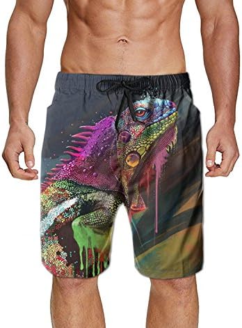 PopBYAM Men's Colorful Lizard Rainbow Iguana Quick Dry Swim Trunks Bathing Suit Beach Shorts