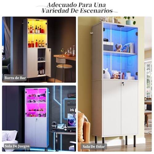 Simple Wisdom Vitrina Exhibidor,Vitrina con Puerta de Cristal y LED en la Parte Superior y Armario con Cerradura en la Parte Inferior,Librero Organizador,Archivero(Blanco, 182X60 CM)