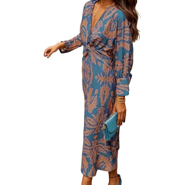 Pegsmio Women's Bohemian Maxi Dress - Long Sleeve Floral Print Rayon Dress For Beach & Vacation