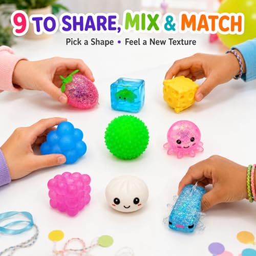9 Pack Squishy Squeeze Toys, Random Color Soft Fidget Toys for Stress Relief, Cute Animal Fruit Food Shapes, Mini Desk Sensory Fidget Set for Adults and Teens