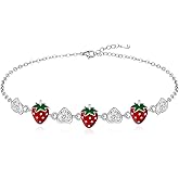 LOVGIFSET Strawberry Bracelet Red Strawberry Bracelet for Women Sterling Silver Heart Fruit Strawberries Jewelry Gift